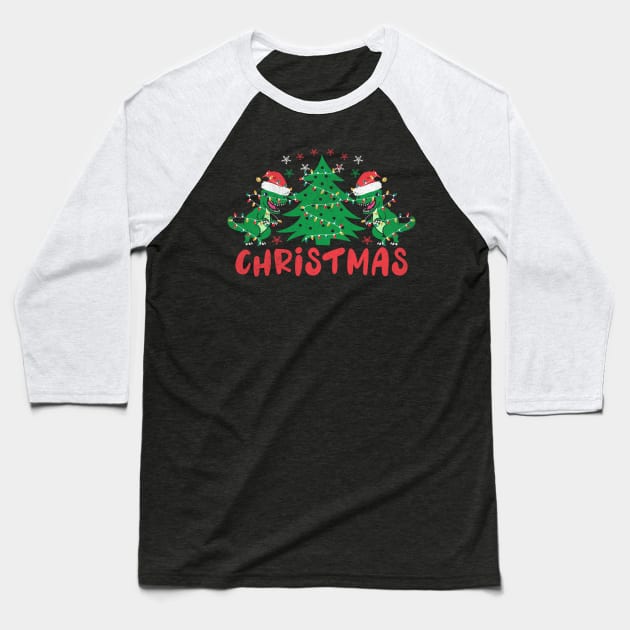 T-Rex Tree Rex Christmas Tree Xmas Lights Dancing Around Chrsitmas Tree Baseball T-Shirt by BadDesignCo